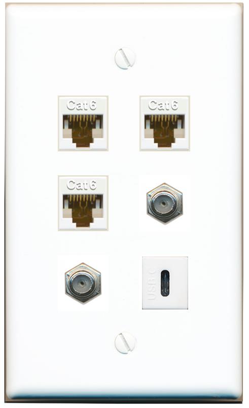 3 CAT6 2 COAX USBC Flat/Solid Wall Plate [White]