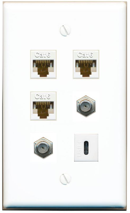  3 CAT6 2 COAX USBC Flat/Solid Wall Plate [White]