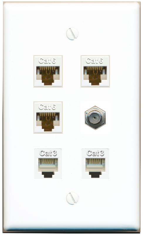  3 CAT6 COAX 2 PHONE Flat/Solid Wall Plate [White]