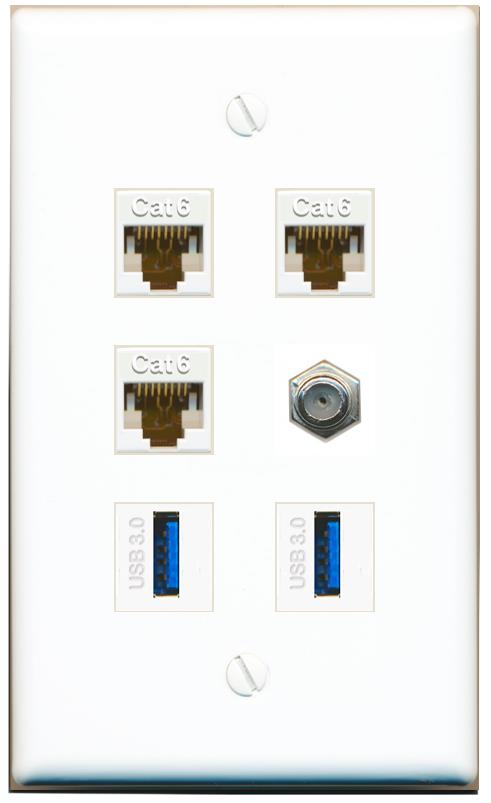  3 CAT6 COAX 2 USB-3 Flat/Solid Wall Plate [White]