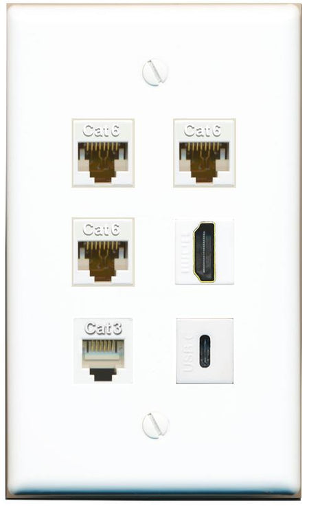  3 CAT6 HDMI PHONE USBC Flat/Solid Wall Plate [White]