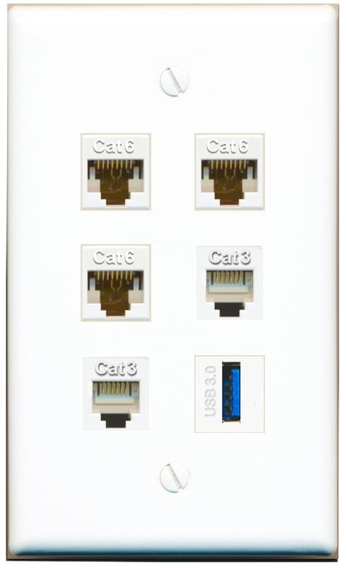  3 CAT6 2 PHONE USB-3 Flat/Solid Wall Plate [White]