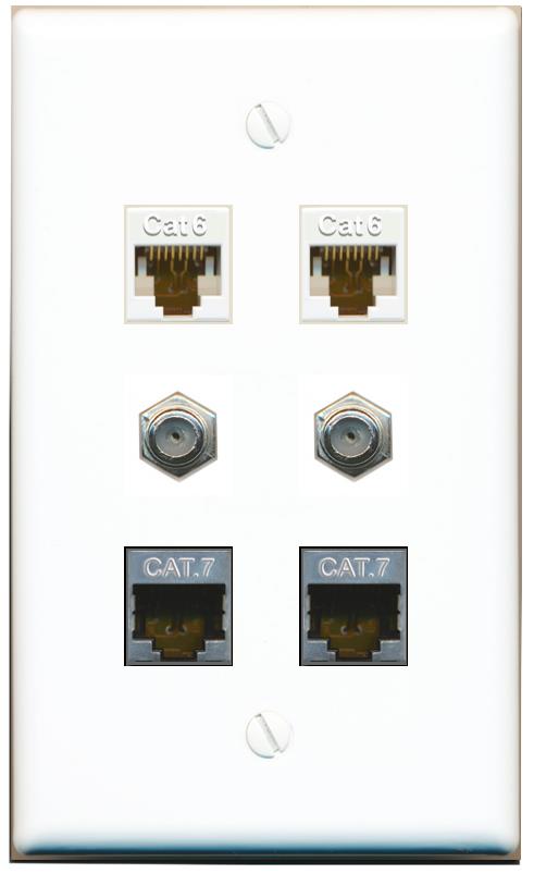  2 CAT6 2 CAT7 2 COAX Flat/Solid Wall Plate [White]