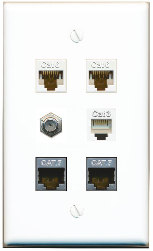  2 CAT6 2 CAT7 COAX PHONE Flat/Solid Wall Plate [White]