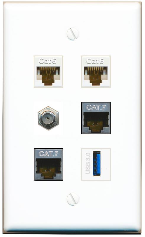  2 CAT6 2 CAT7 COAX USB-3 Flat/Solid Wall Plate [White]