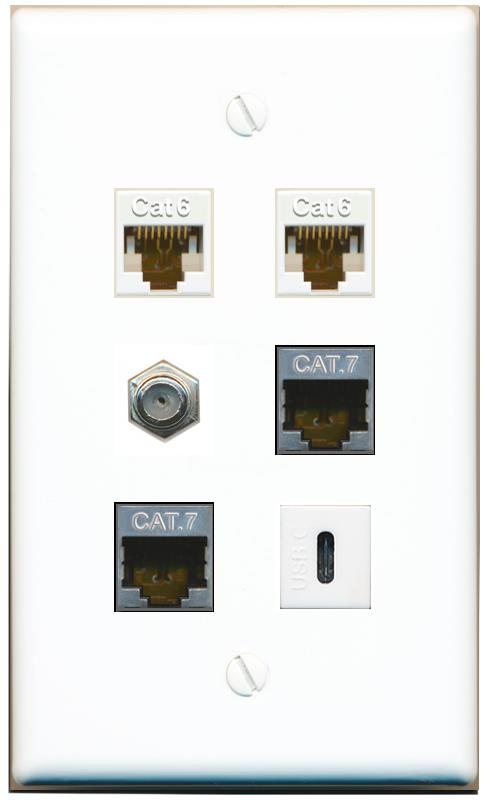  2 CAT6 2 CAT7 COAX USBC Flat/Solid Wall Plate [White]