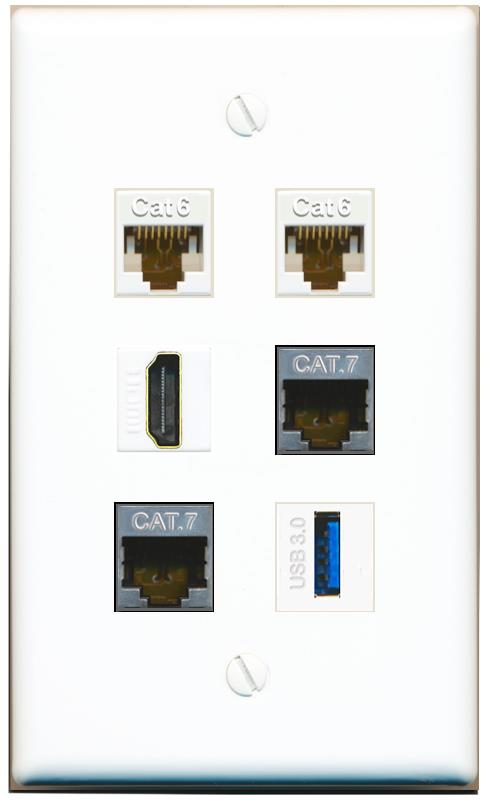  2 CAT6 2 CAT7 HDMI USB-3 Flat/Solid Wall Plate [White]
