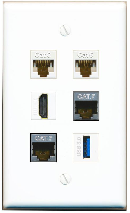  2 CAT6 2 CAT7 HDMI USB-3 Flat/Solid Wall Plate [White]