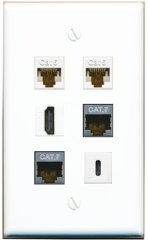  2 CAT6 2 CAT7 HDMI USBC Flat/Solid Wall Plate [White]