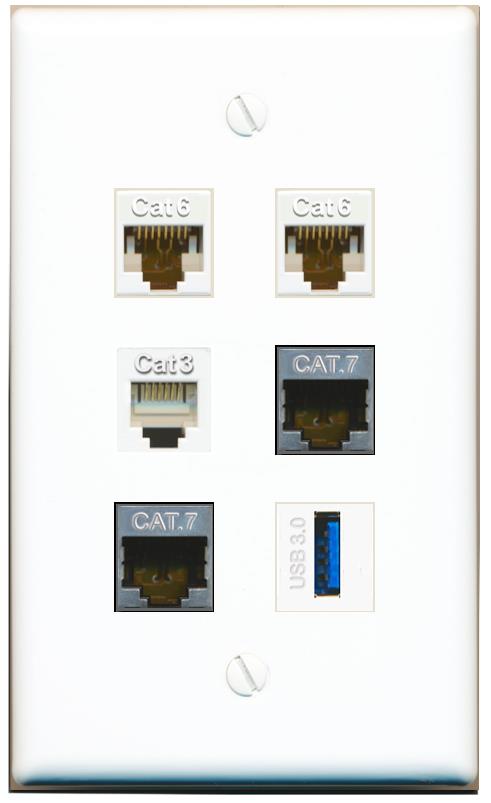  2 CAT6 2 CAT7 PHONE USB-3 Flat/Solid Wall Plate [White]