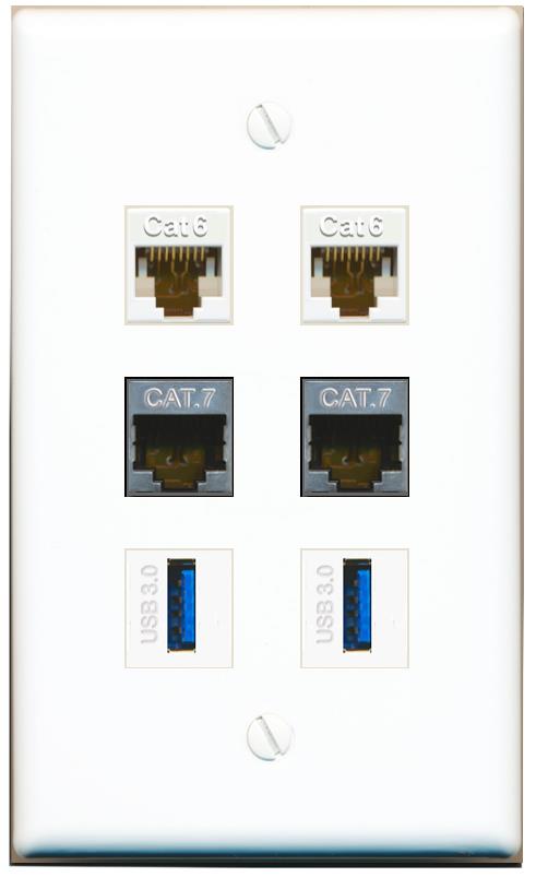  2 CAT6 2 CAT7 2 USB-3 Flat/Solid Wall Plate [White]