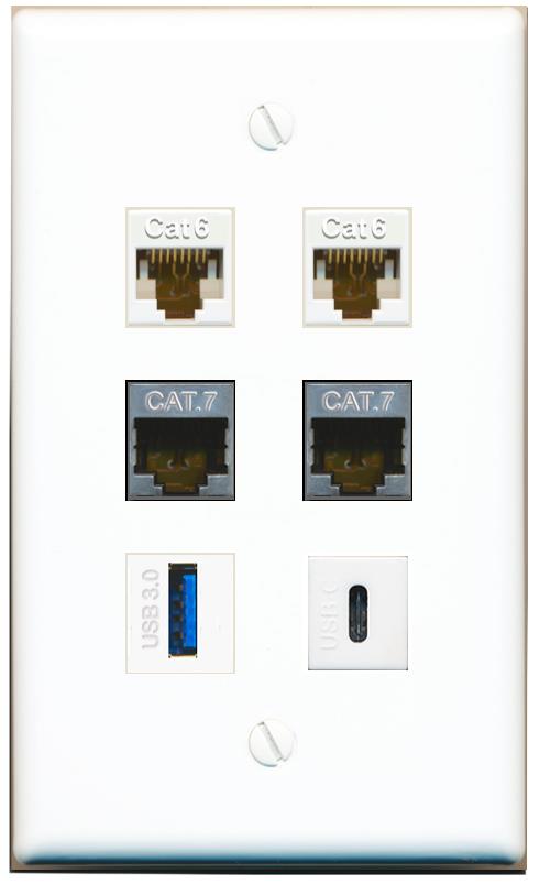  2 CAT6 2 CAT7 USB-3 USBC Flat/Solid Wall Plate [White]