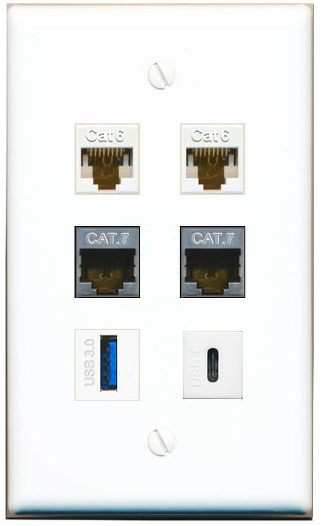  2 CAT6 2 CAT7 USB-3 USBC Flat/Solid Wall Plate [White]