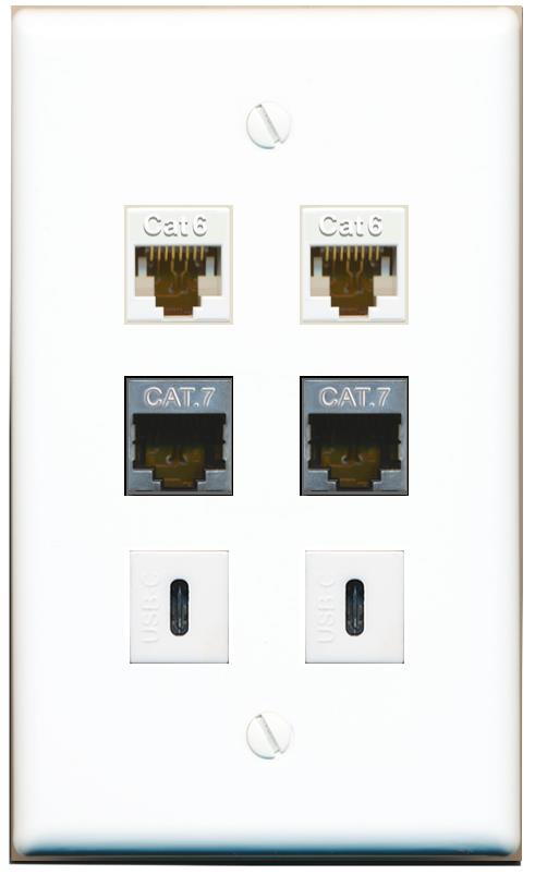 2 CAT6 2 CAT7 2 USBC Flat/Solid Wall Plate [White]
