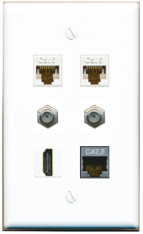  2 CAT6 CAT7 2 COAX HDMI Flat/Solid Wall Plate [White]