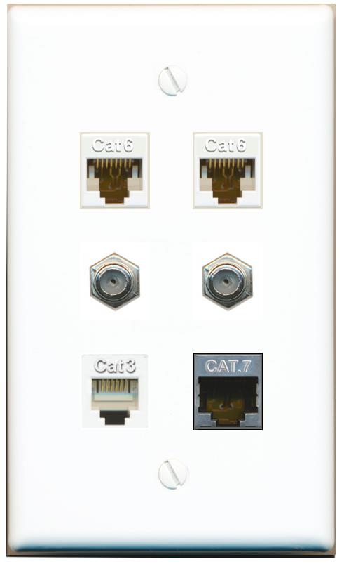  2 CAT6 CAT7 2 COAX PHONE Flat/Solid Wall Plate [White]