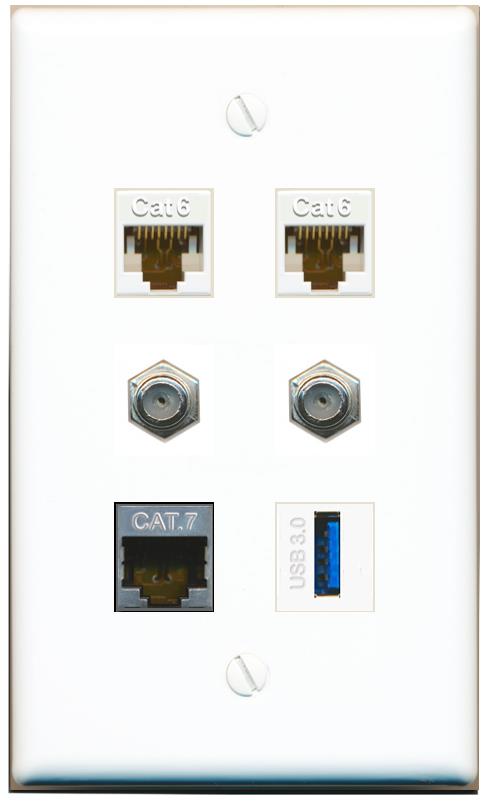  2 CAT6 CAT7 2 COAX USB-3 Flat/Solid Wall Plate [White]