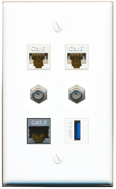  2 CAT6 CAT7 2 COAX USB-3 Flat/Solid Wall Plate [White]