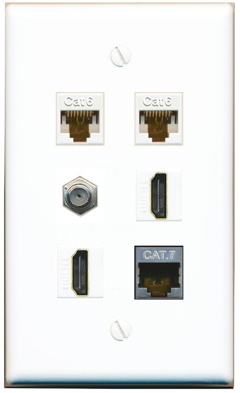  2 CAT6 CAT7 COAX 2 HDMI Flat/Solid Wall Plate [White]