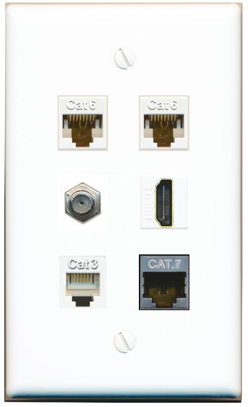  2 CAT6 CAT7 COAX HDMI PHONE Flat/Solid Wall Plate [White]