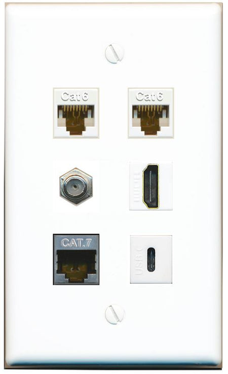  2 CAT6 CAT7 COAX HDMI USBC Flat/Solid Wall Plate [White]