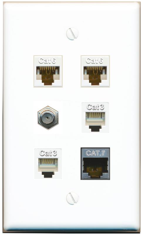  2 CAT6 CAT7 COAX 2 PHONE Flat/Solid Wall Plate [White]