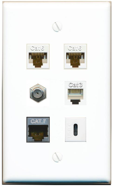  2 CAT6 CAT7 COAX PHONE USBC Flat/Solid Wall Plate [White]