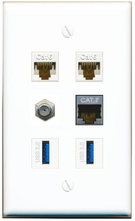  2 CAT6 CAT7 COAX 2 USB-3 Flat/Solid Wall Plate [White]
