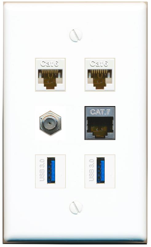  2 CAT6 CAT7 COAX 2 USB-3 Flat/Solid Wall Plate [White]