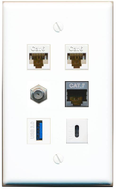  2 CAT6 CAT7 COAX USB-3 USBC Flat/Solid Wall Plate [White]