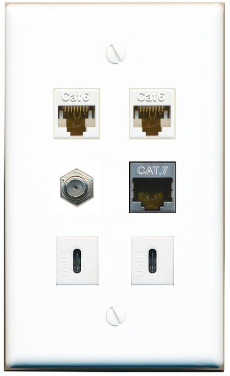  2 CAT6 CAT7 COAX 2 USBC Flat/Solid Wall Plate [White]
