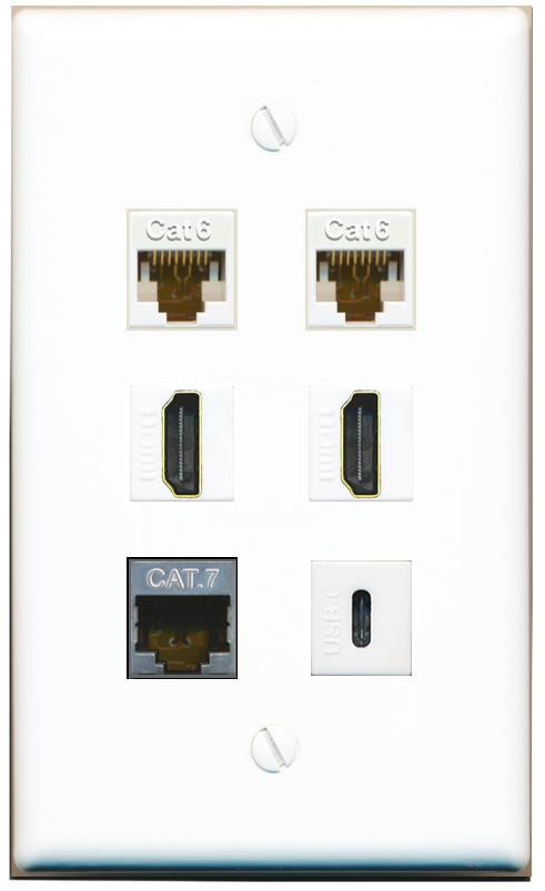  2 CAT6 CAT7 2 HDMI USBC Flat/Solid Wall Plate [White]
