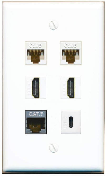  2 CAT6 CAT7 2 HDMI USBC Flat/Solid Wall Plate [White]