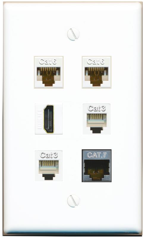  2 CAT6 CAT7 HDMI 2 PHONE Flat/Solid Wall Plate [White]