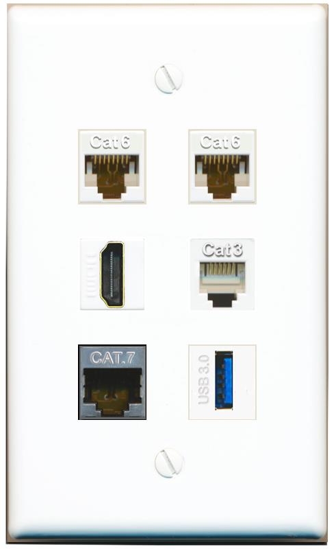  2 CAT6 CAT7 HDMI PHONE USB-3 Flat/Solid Wall Plate [White]