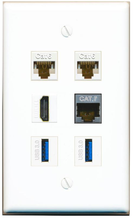  2 CAT6 CAT7 HDMI 2 USB-3 Flat/Solid Wall Plate [White]