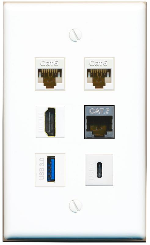  2 CAT6 CAT7 HDMI USB-3 USBC Flat/Solid Wall Plate [White]