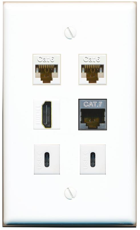  2 CAT6 CAT7 HDMI 2 USBC Flat/Solid Wall Plate [White]