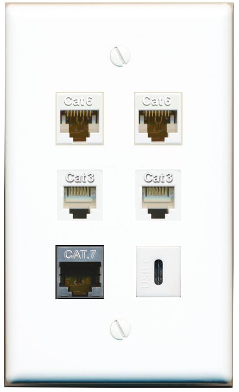  2 CAT6 CAT7 2 PHONE USBC Flat/Solid Wall Plate [White]