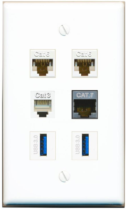 2 CAT6 CAT7 PHONE 2 USB-3 Flat/Solid Wall Plate [White]
