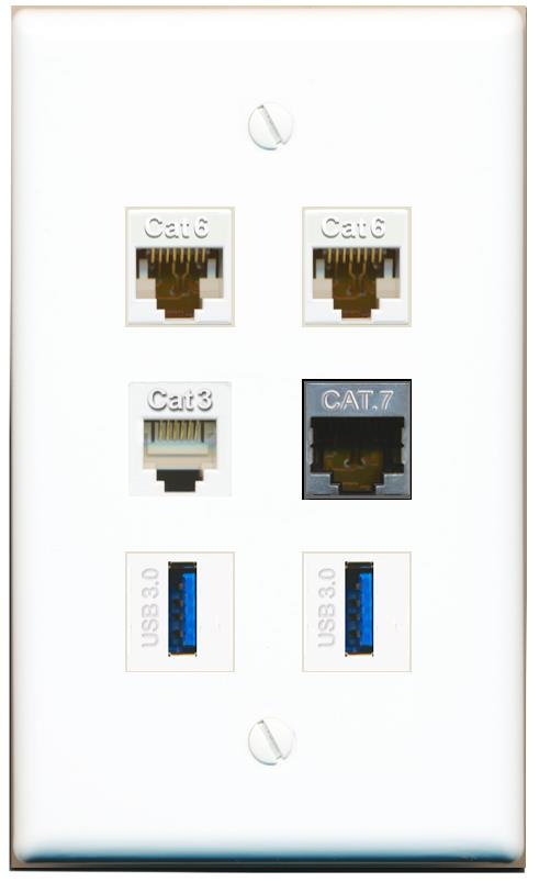  2 CAT6 CAT7 PHONE 2 USB-3 Flat/Solid Wall Plate [White]