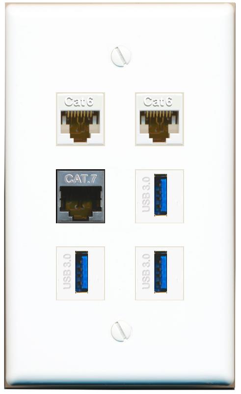  2 CAT6 CAT7 3 USB-3 Flat/Solid Wall Plate [White]
