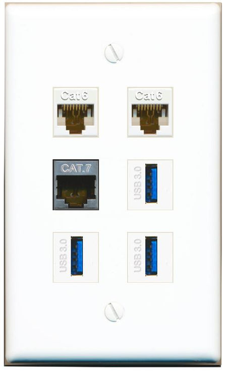  2 CAT6 CAT7 3 USB-3 Flat/Solid Wall Plate [White]