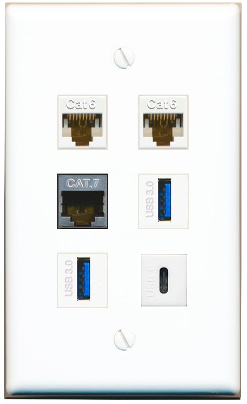  2 CAT6 CAT7 2 USB-3 USBC Flat/Solid Wall Plate [White]