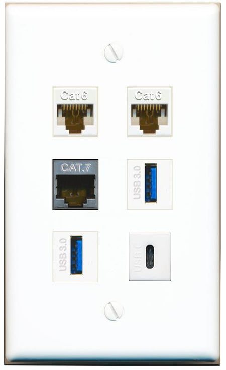  2 CAT6 CAT7 2 USB-3 USBC Flat/Solid Wall Plate [White]