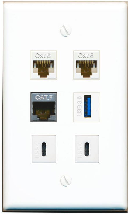  2 CAT6 CAT7 USB-3 2 USBC Flat/Solid Wall Plate [White]