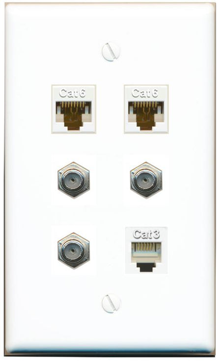  2 CAT6 3 COAX PHONE Flat/Solid Wall Plate [White]