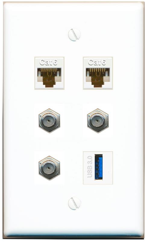  2 CAT6 3 COAX USB-3 Flat/Solid Wall Plate [White]