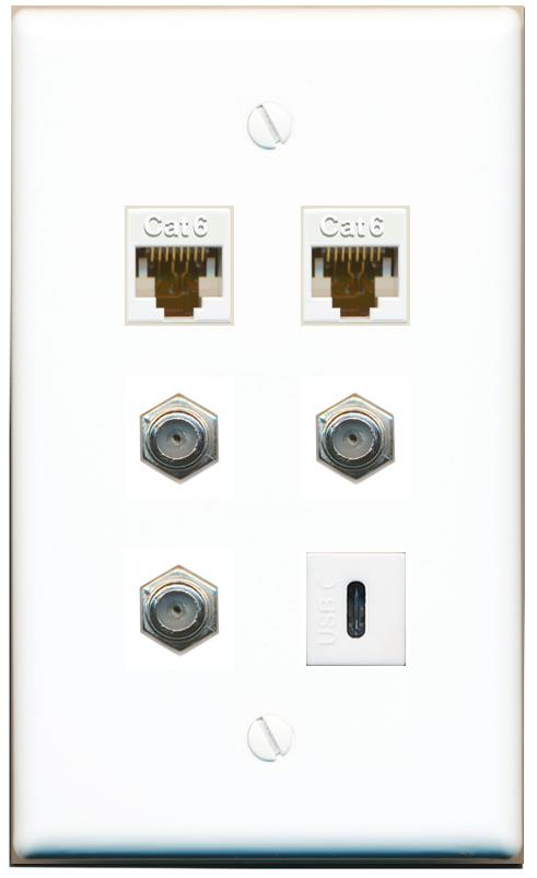  2 CAT6 3 COAX USBC Flat/Solid Wall Plate [White]