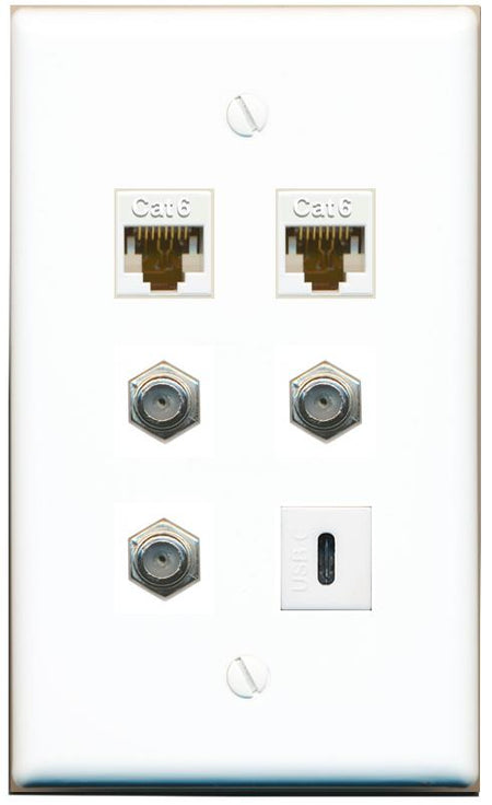  2 CAT6 3 COAX USBC Flat/Solid Wall Plate [White]